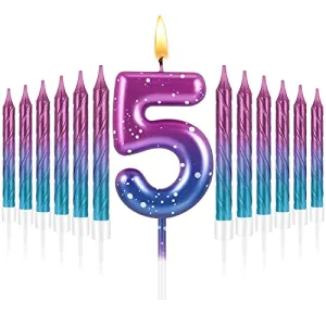 Landhoow 2.36 Inch Birthday Candles Purple to Blue Gradient Number 5 Candle with 12 Pcs Gradient Spiral Candle Five Year Old Birthday Cake Topper Decoration for Kids Adults Anniversary Wedding Party