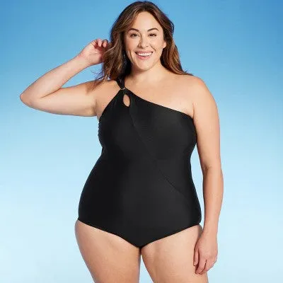 Lands' End Women's One Piece Swimwear Tummy Control One Shoulder Swimsuit UPF 50