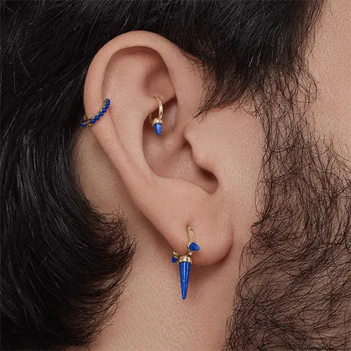 Lapis Triple Long Spike Hoop Earring by Maria Tash in Yellow Gold