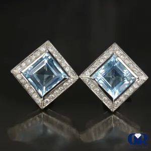 Large 19.60 Ct Natural Blue Topaz & Diamond Earrings 14K White Gold Omega Back