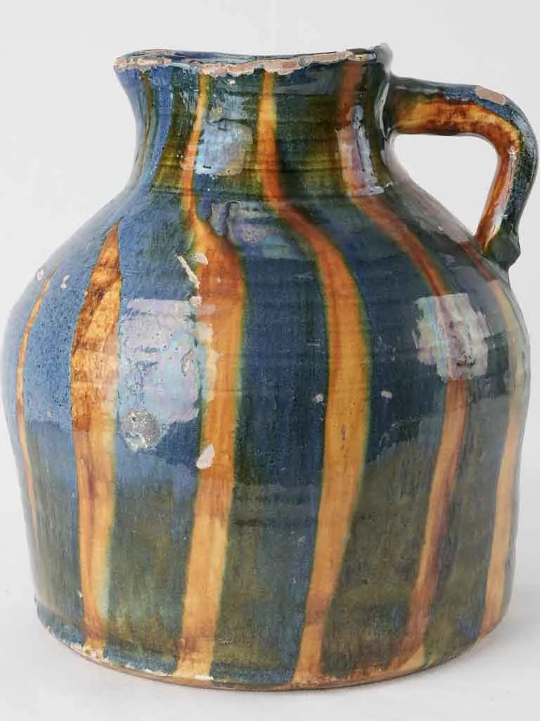 Large antique French pitcher w/ blue glaze & ocher stripes 11½"