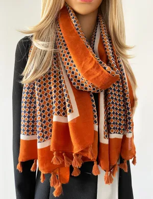 LARGE BURNT ORANGE DIAMOND PRINT SHAWL SCARF WITH TASSELS