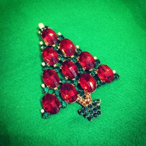 Large Christmas Tree Brooch Red Green Pin by Cristobal London