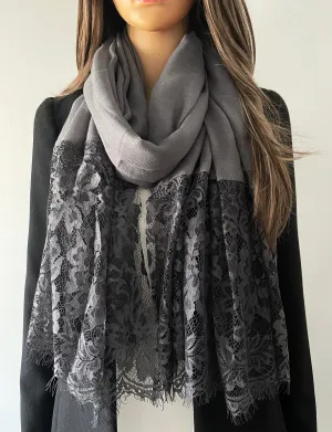 LARGE DARK GREY LACE DETAIL LIGHTWEIGHT SCARF