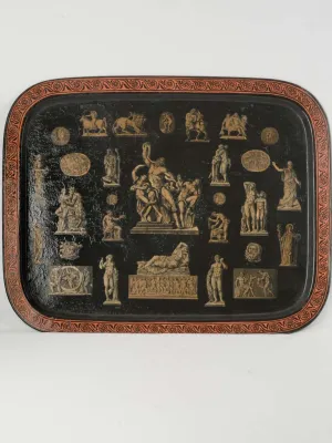 Large Late 19th-Century Arte Povera Tole Tray with Classical Greco-Roman Motifs 31"