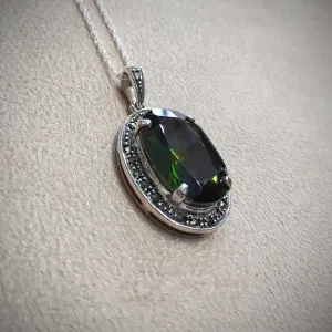 Large Olive Green Oval pendant Necklace Silver Marcasite Cubic Zirconia