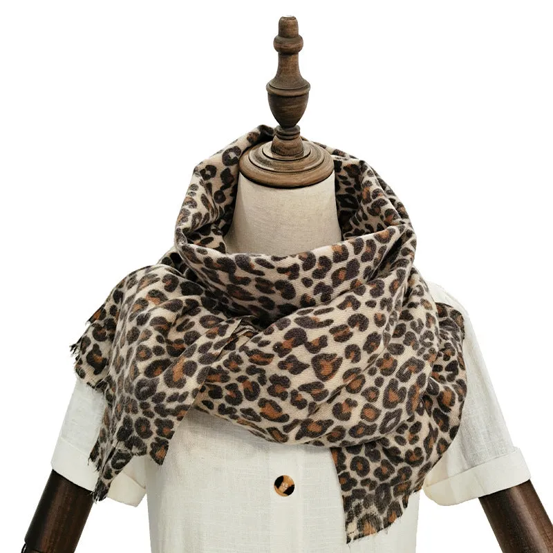 Large rectangular classic leopard print warm scarf Women's imitation cashmere fleece shawl