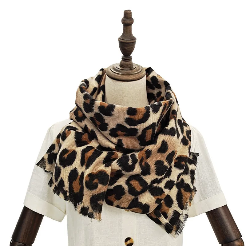 Large rectangular classic leopard print warm scarf Women's imitation cashmere fleece shawl