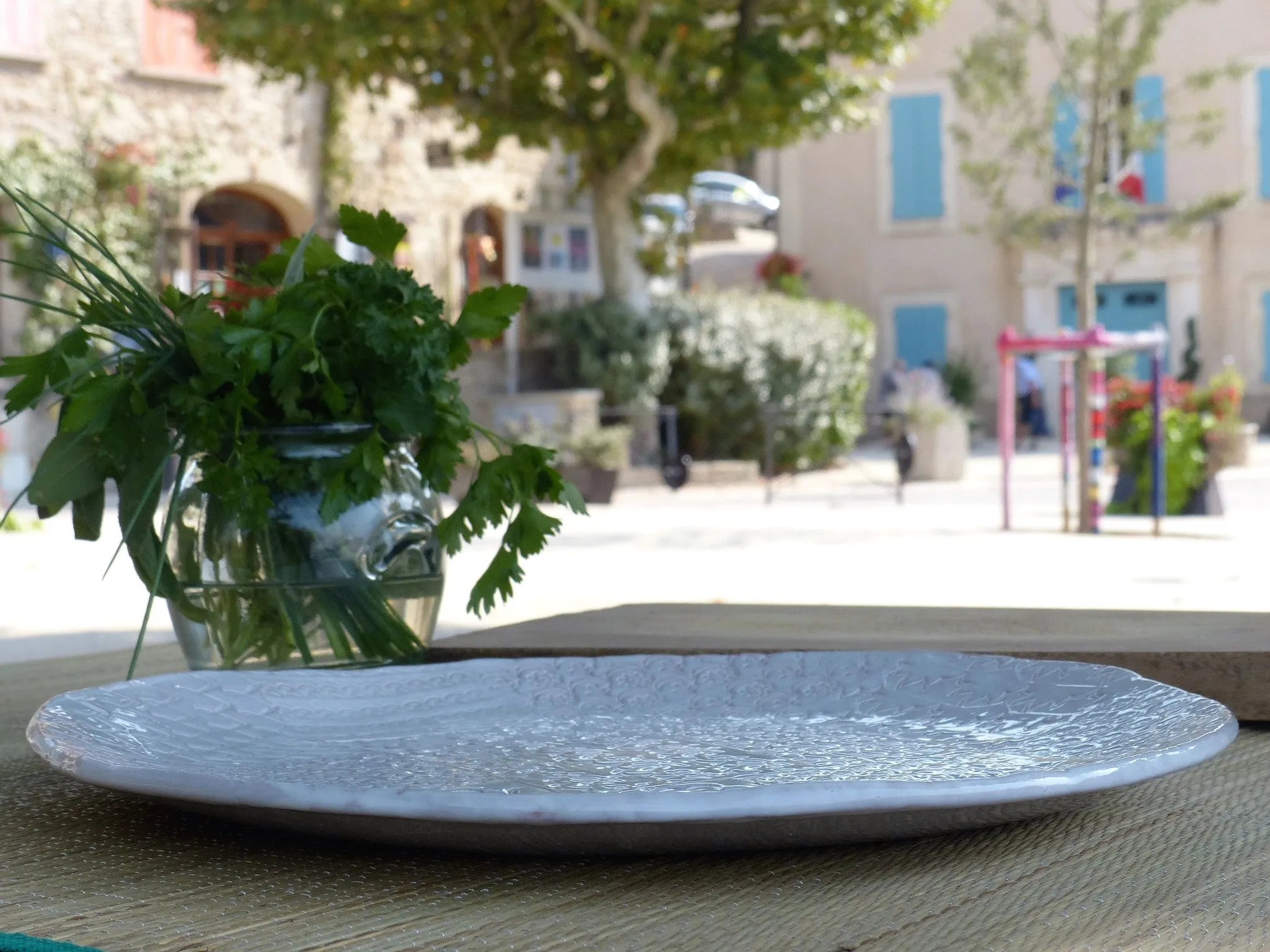 Large round platter with patchwork patterns