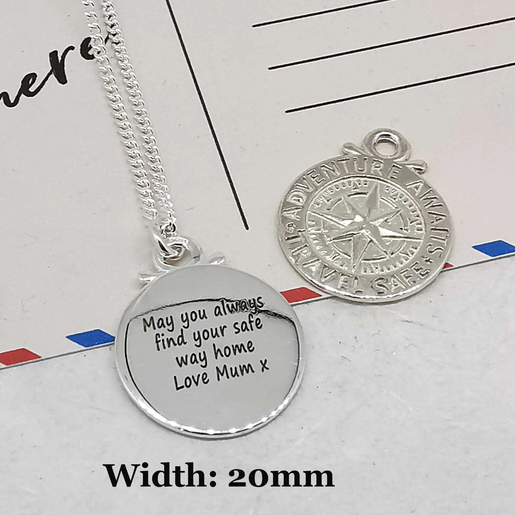 Large Travel Safe Compass Personalised St Christopher Silver Necklace