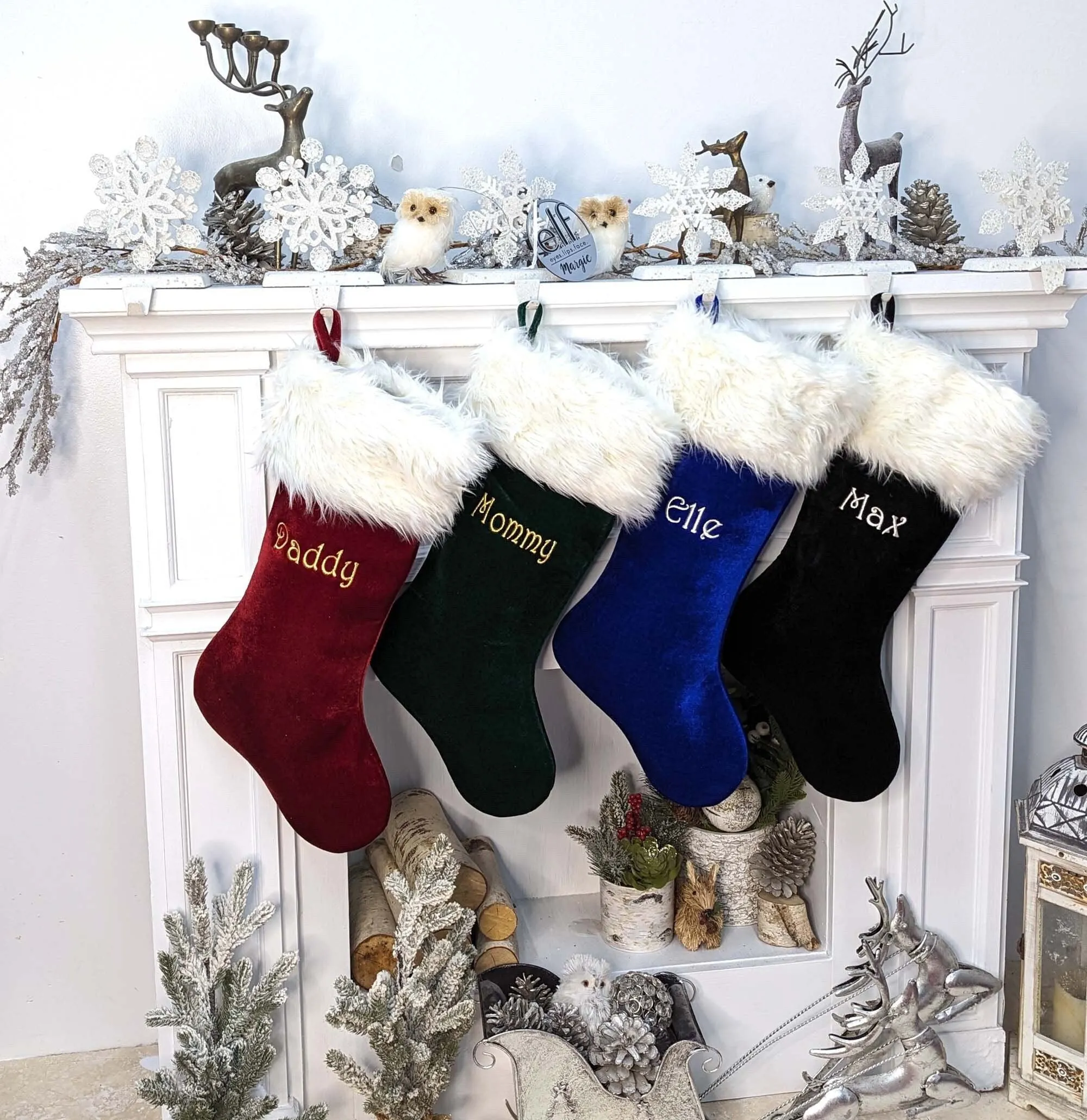 Large Velvet Stockings Personalized Christmas | Black Burgundy Blue Green off White Faux Fur Cuff | Extra Large Velvet Christmas Stockings