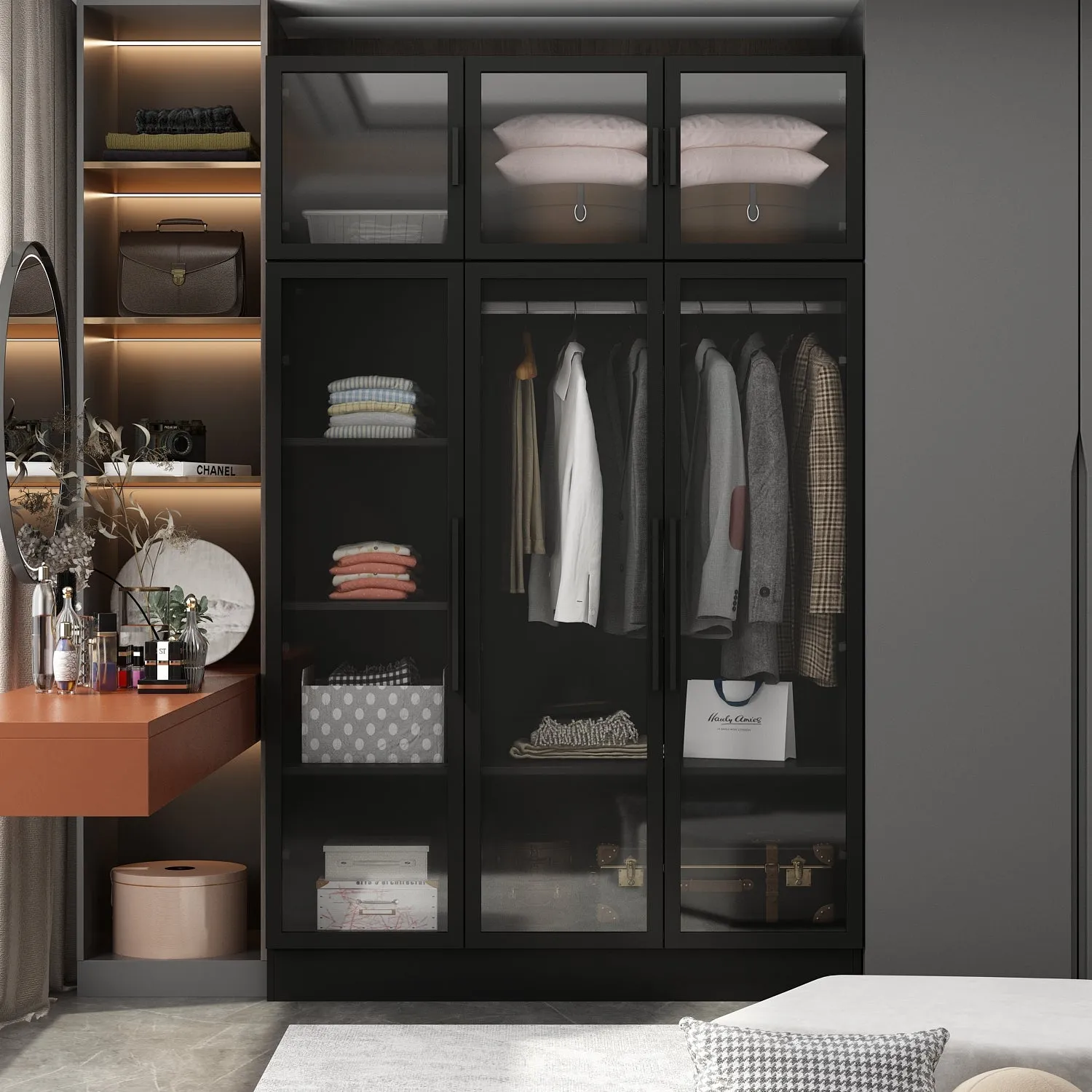 Large Wardrobe Bedroom Armoire Clothes Organizer Cabinet with LED Lights and Glass Doors