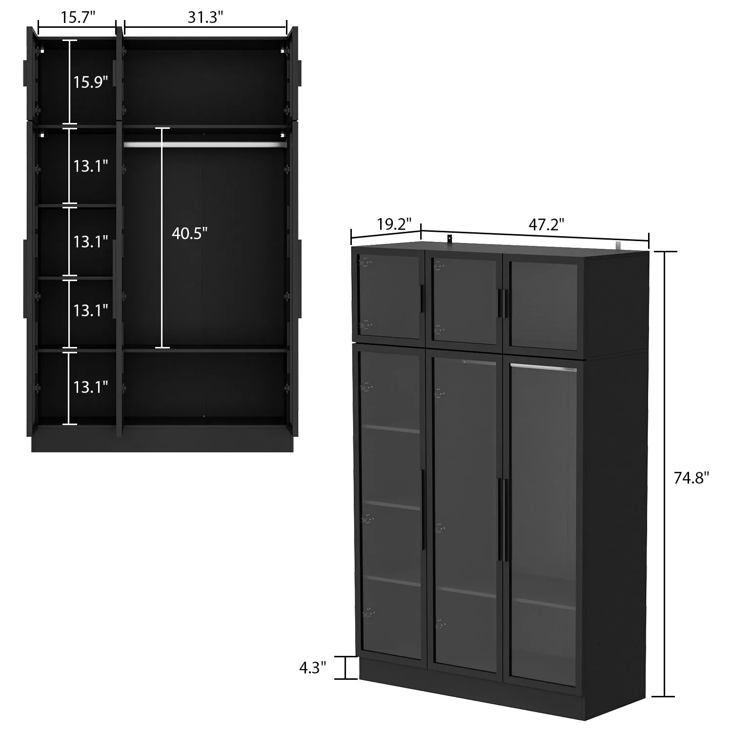 Large Wardrobe Bedroom Armoire Clothes Organizer Cabinet with LED Lights and Glass Doors