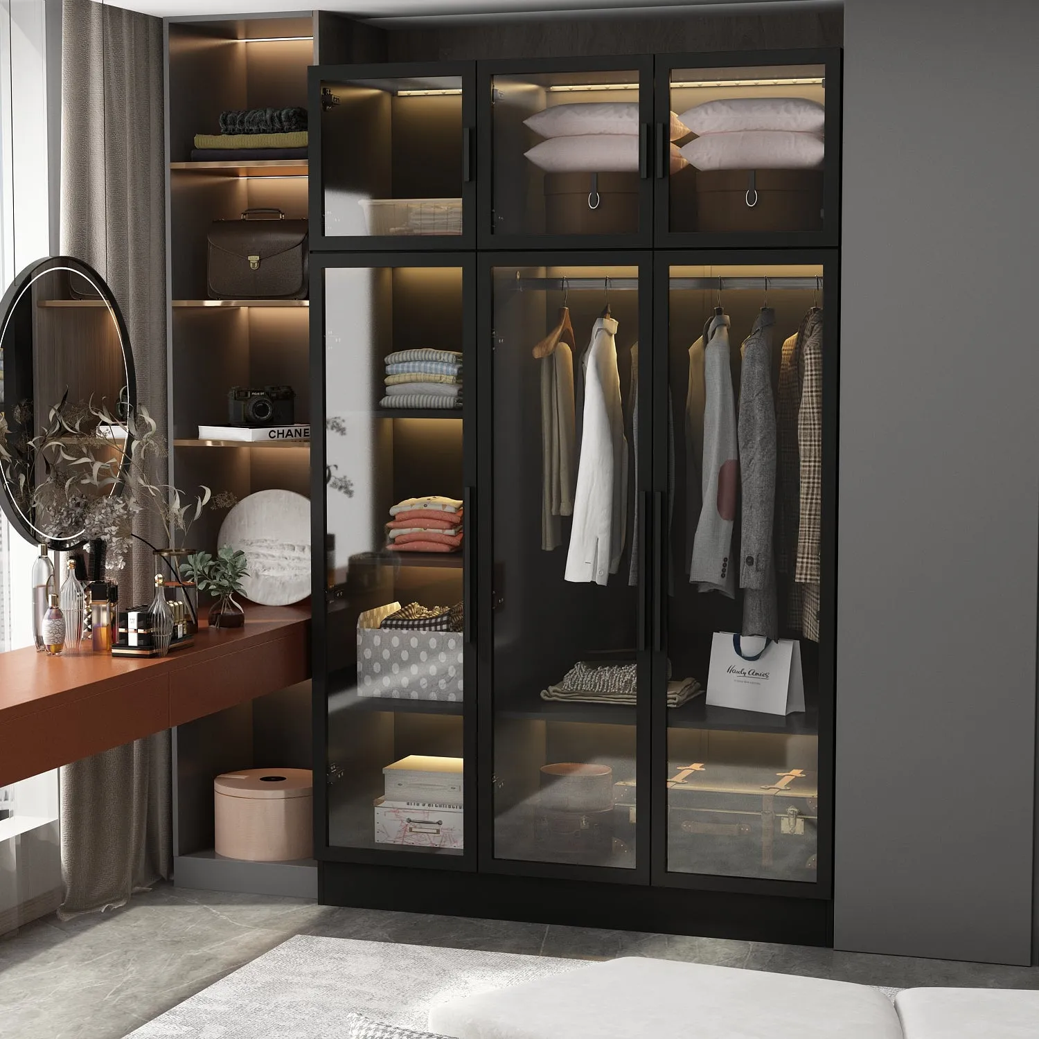 Large Wardrobe Bedroom Armoire Clothes Organizer Cabinet with LED Lights and Glass Doors