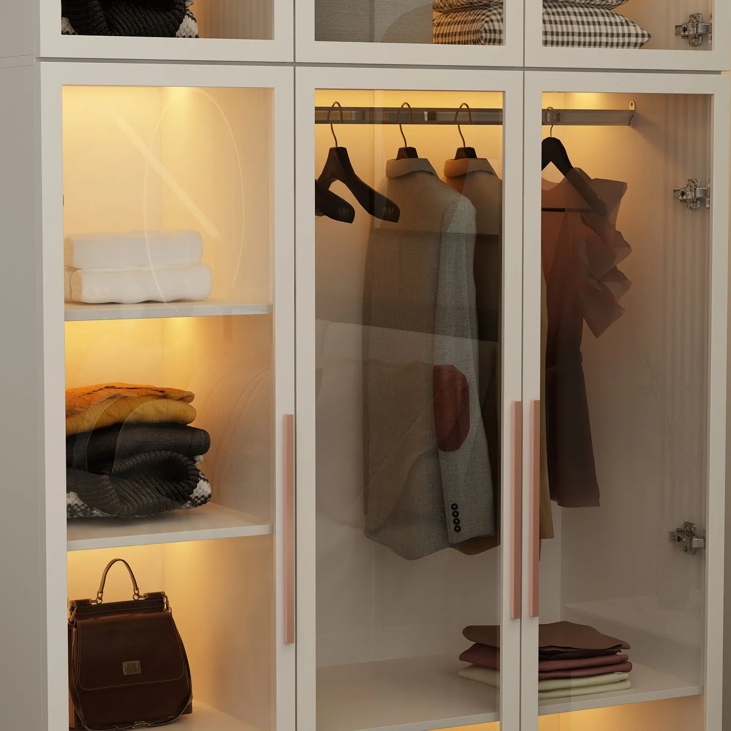 Large Wardrobe Bedroom Armoire Clothes Organizer Cabinet with LED Lights and Glass Doors