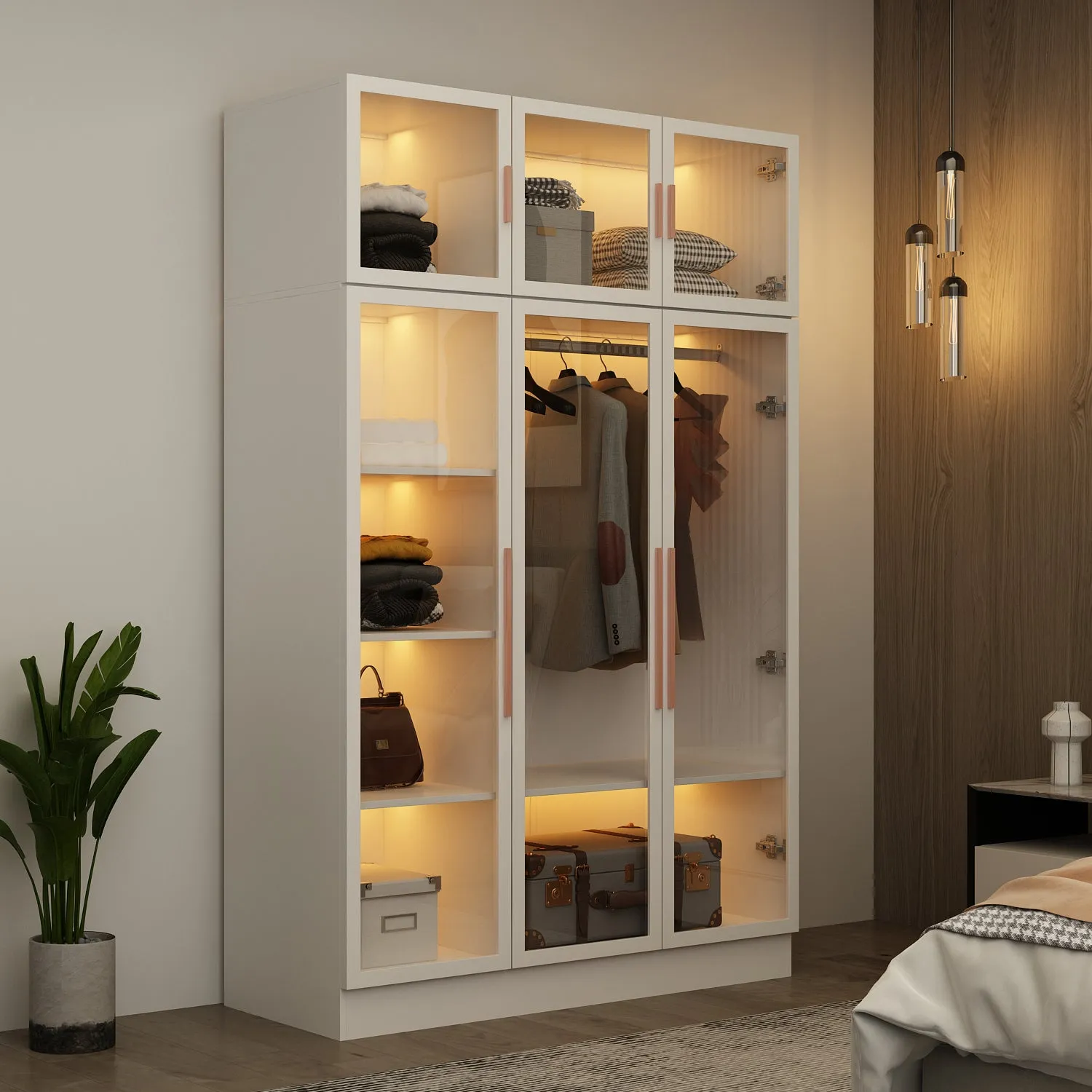 Large Wardrobe Bedroom Armoire Clothes Organizer Cabinet with LED Lights and Glass Doors