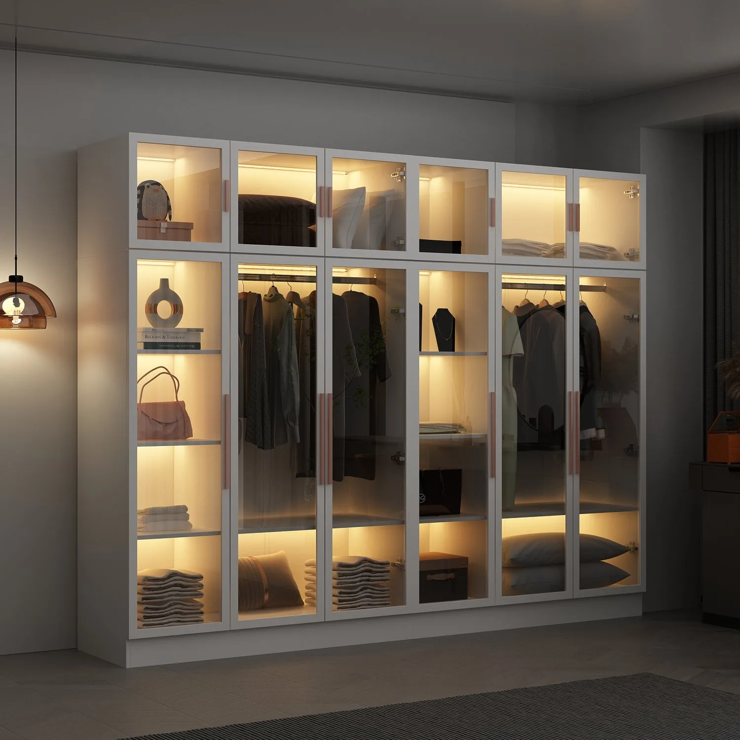 Large Wardrobe Bedroom Armoire Clothes Organizer Cabinet with LED Lights and Glass Doors