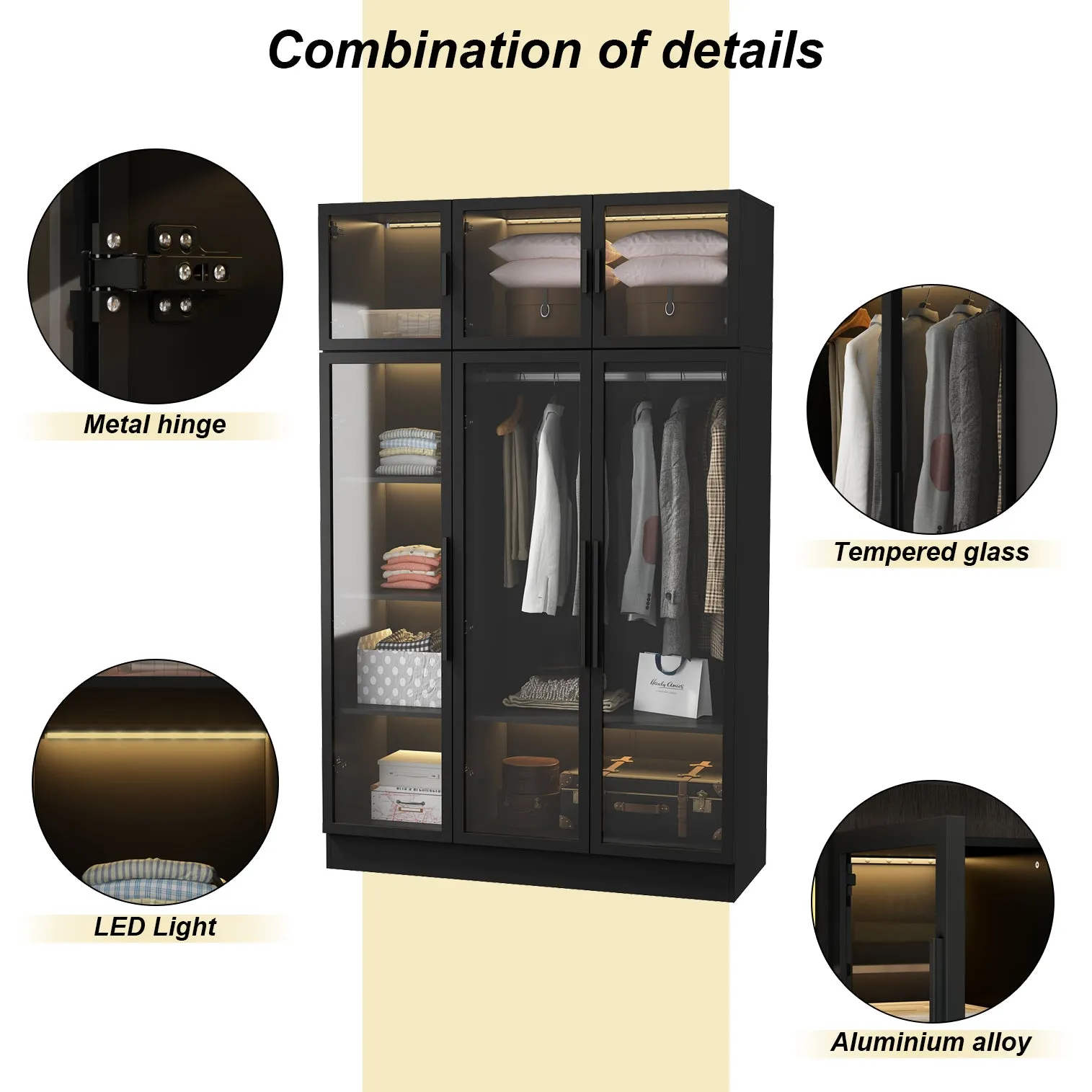 Large Wardrobe Bedroom Armoire Clothes Organizer Cabinet with LED Lights and Glass Doors