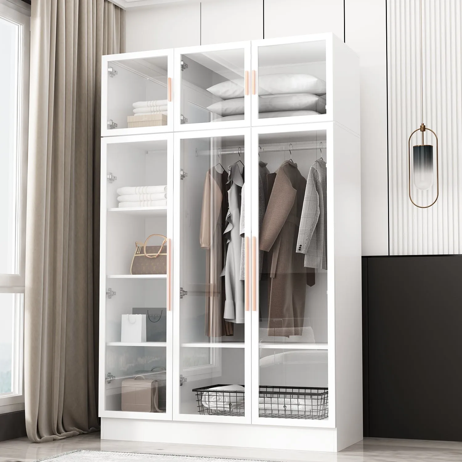 Large Wardrobe Bedroom Armoire Clothes Organizer Cabinet with LED Lights and Glass Doors