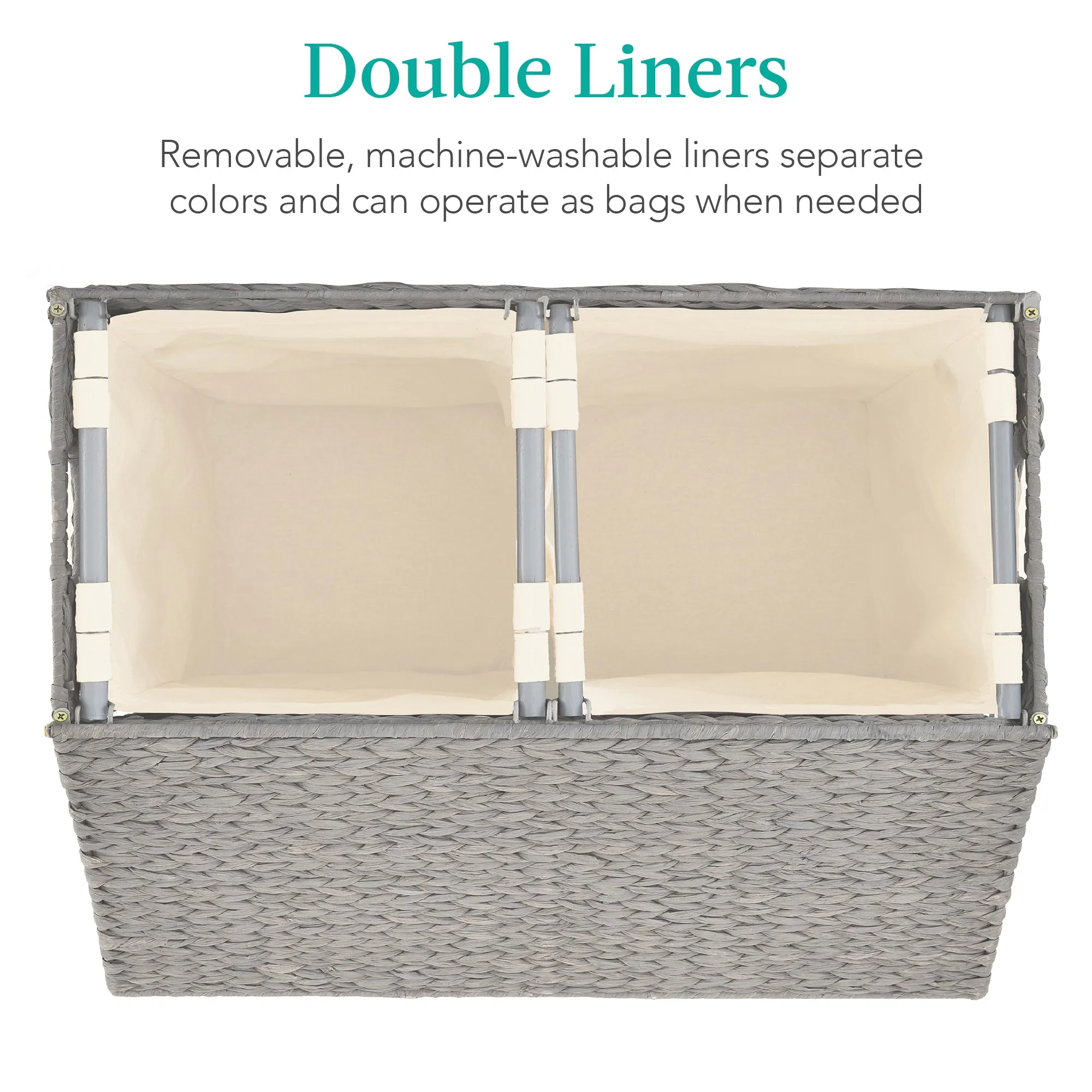 Large Water Hyacinth Double Laundry Hamper Basket w/ 2 Liner Bags