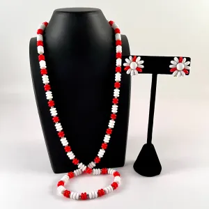 Late 60s/ Early 70s Red & White Glass Bead Necklace & Earring Set