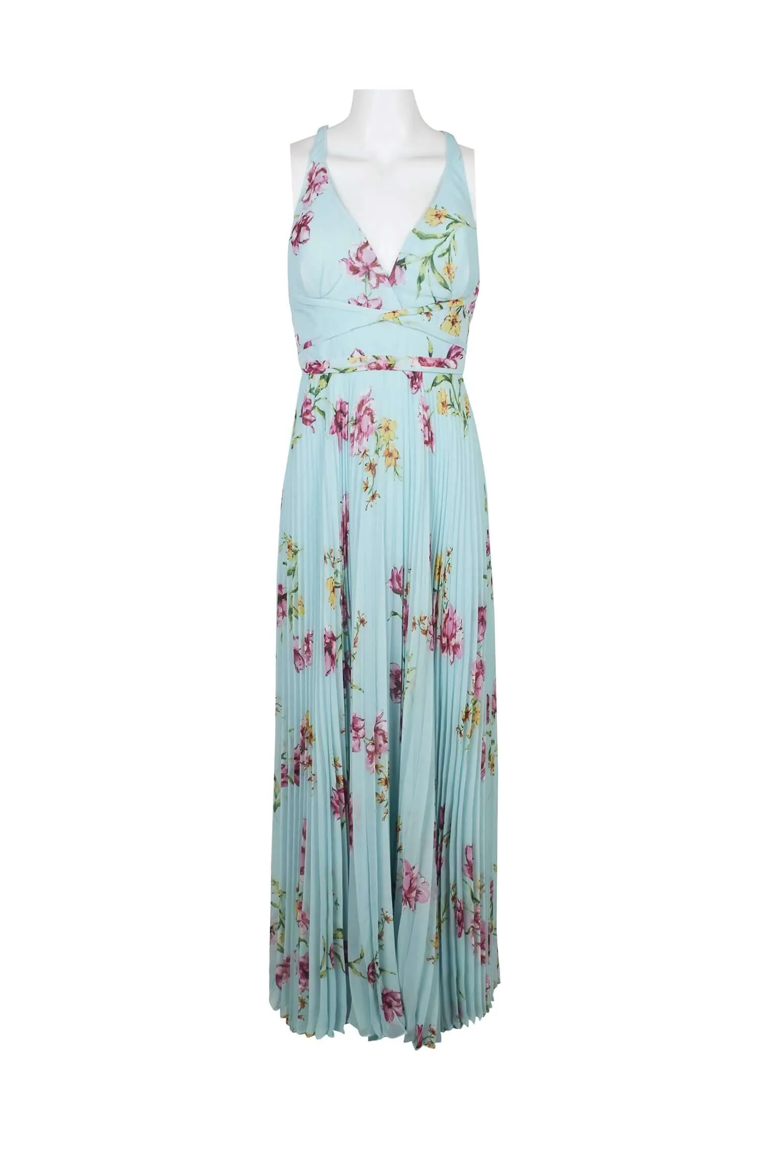 Laundry V-Neck Sleeveless Crossed Back Accordion Pleat Zipper Back Floral Print Mesh Gown