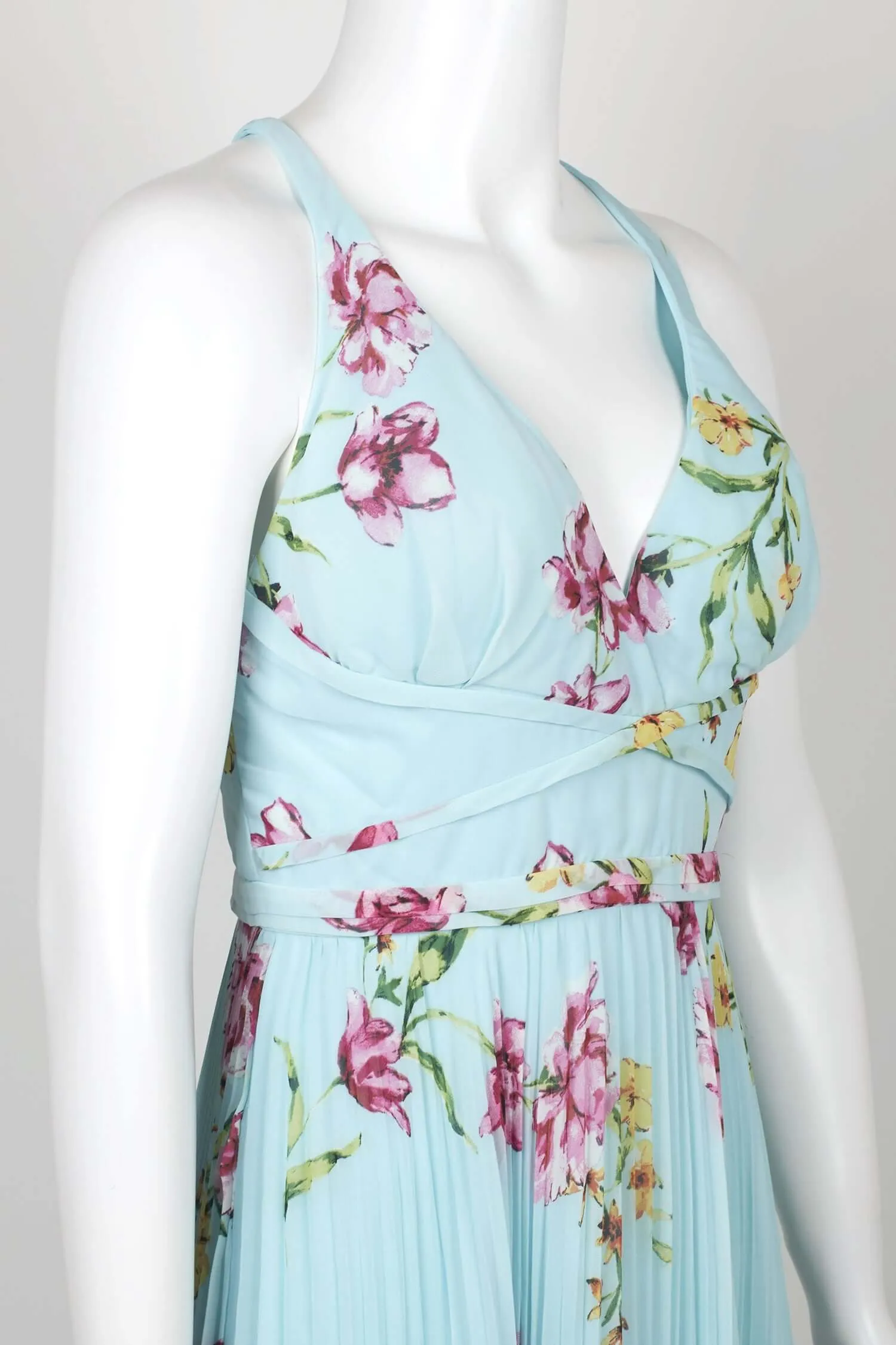 Laundry V-Neck Sleeveless Crossed Back Accordion Pleat Zipper Back Floral Print Mesh Gown