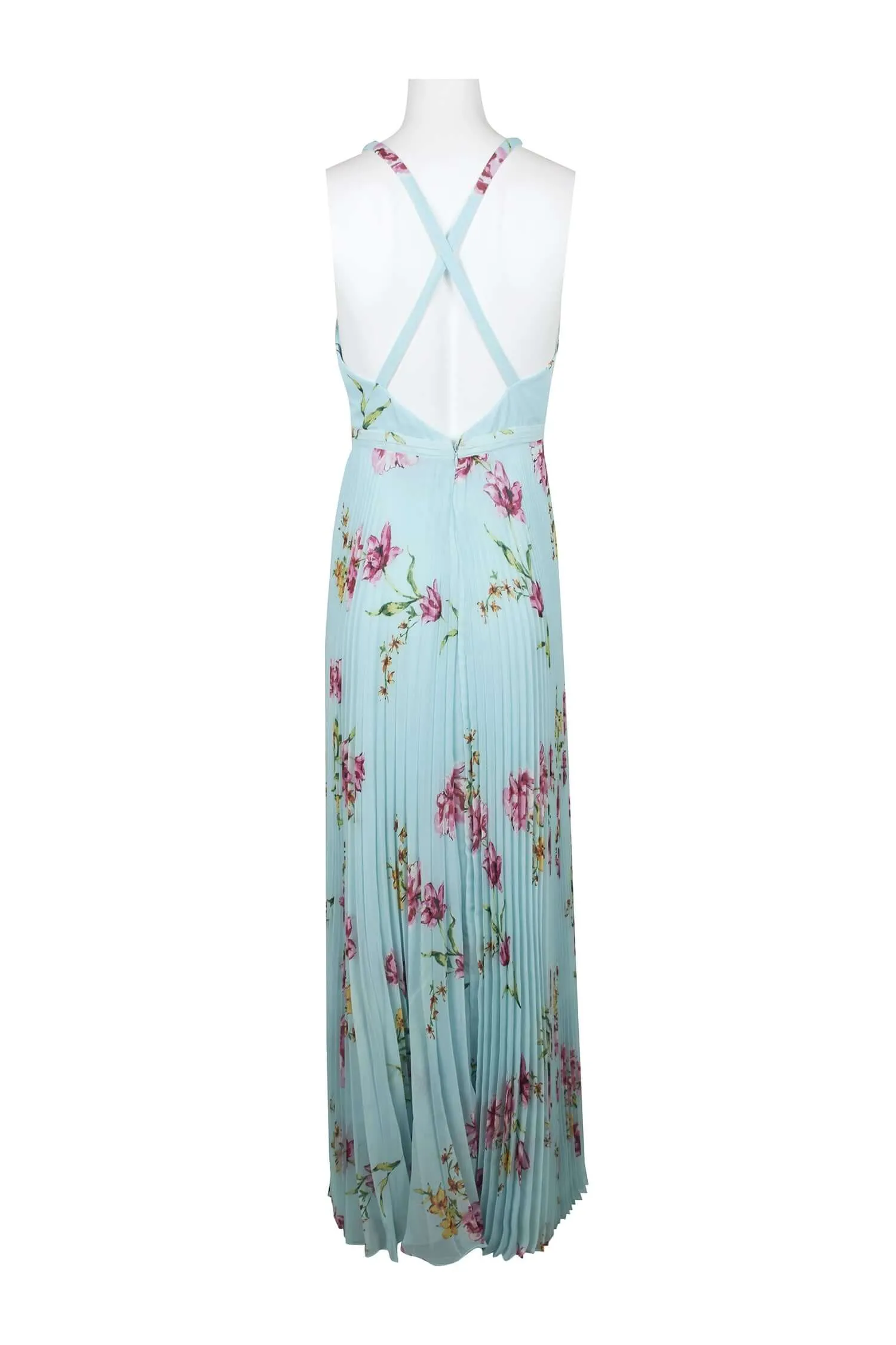 Laundry V-Neck Sleeveless Crossed Back Accordion Pleat Zipper Back Floral Print Mesh Gown