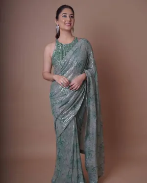 Laurel Green Georgette All Over Luxury Sequins Saree