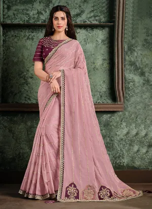 Lavender And Wine Multi Embroidered Designer Saree