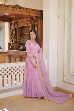 Lavender Captivating Unique Colored Faux Georgette Embroidered Gown with Sequined Dupatta