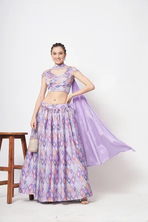 Lavender Chinon Silk Print With Sequins Work Lehenga Choli