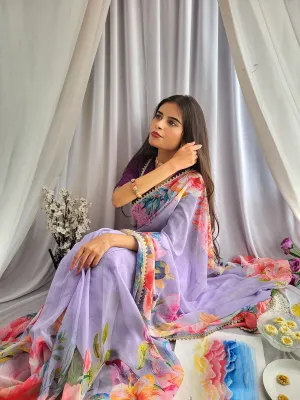 Lavender Color Floral Printed Georgette Saree with Sequins and Lace