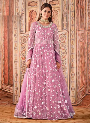 Lavender Cording Embroidered Net Anarkali Suit