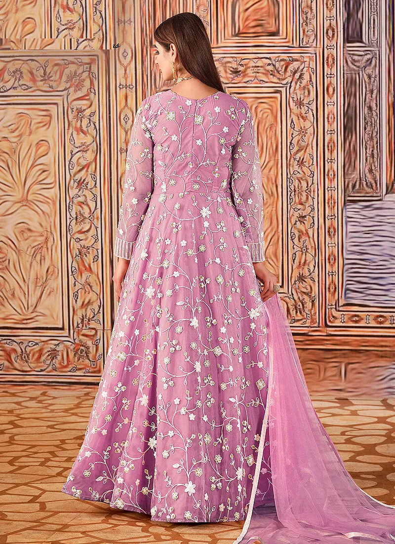 Lavender Cording Embroidered Net Anarkali Suit