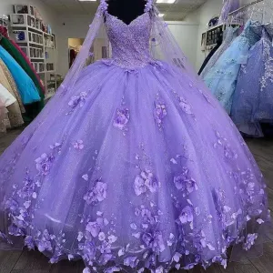 Lavender Flowers Tulle Sweetheart Ball Gown Quinceanera Dresses With Cape