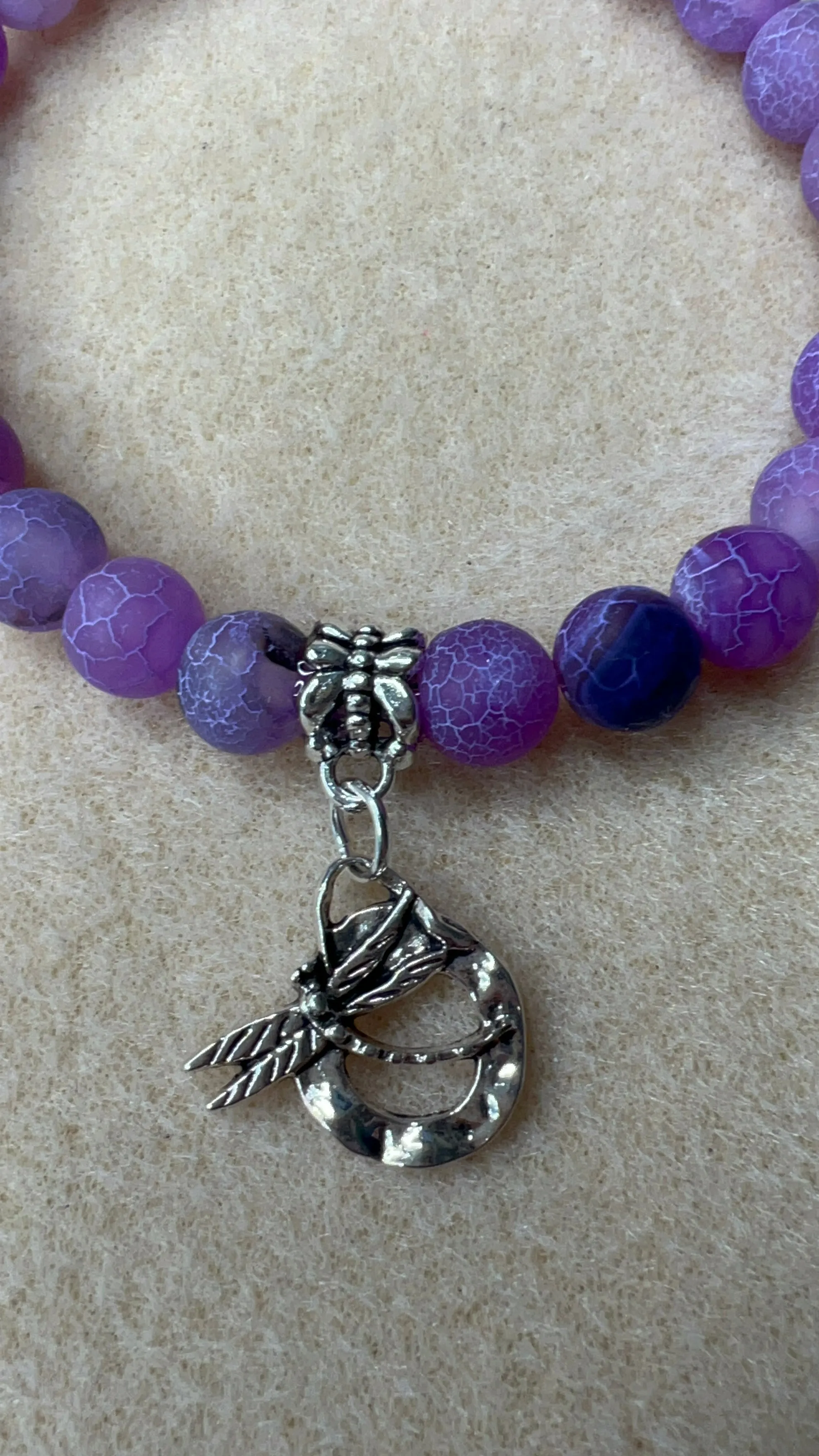 Lavender Frosted Crackle Agate 2-piece Stretch Bracelets with Dragonfly Charms