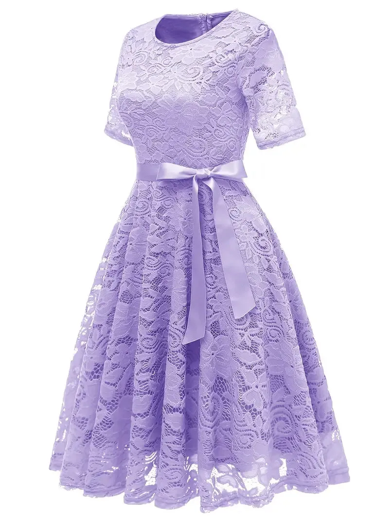 Lavender Lace Belt Crew Neck Short Sleeve Dress