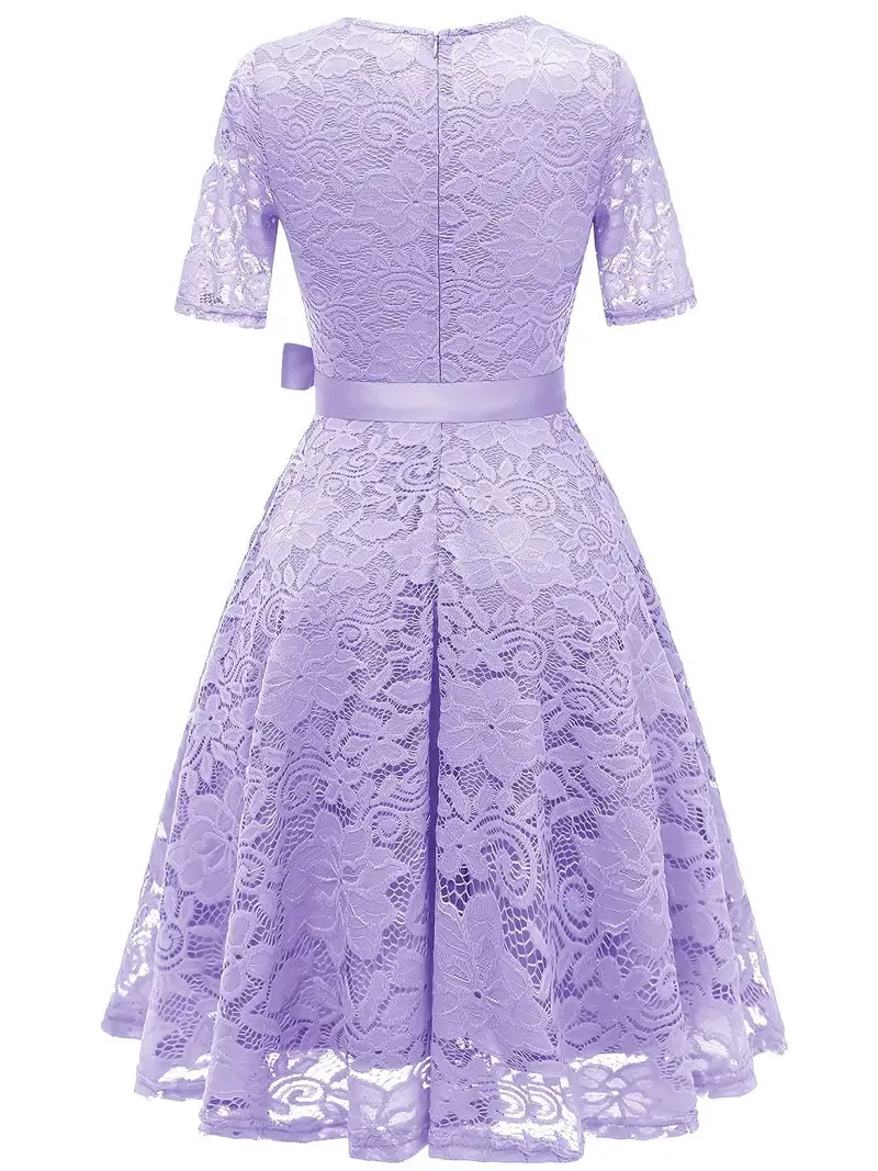 Lavender Lace Belt Crew Neck Short Sleeve Dress