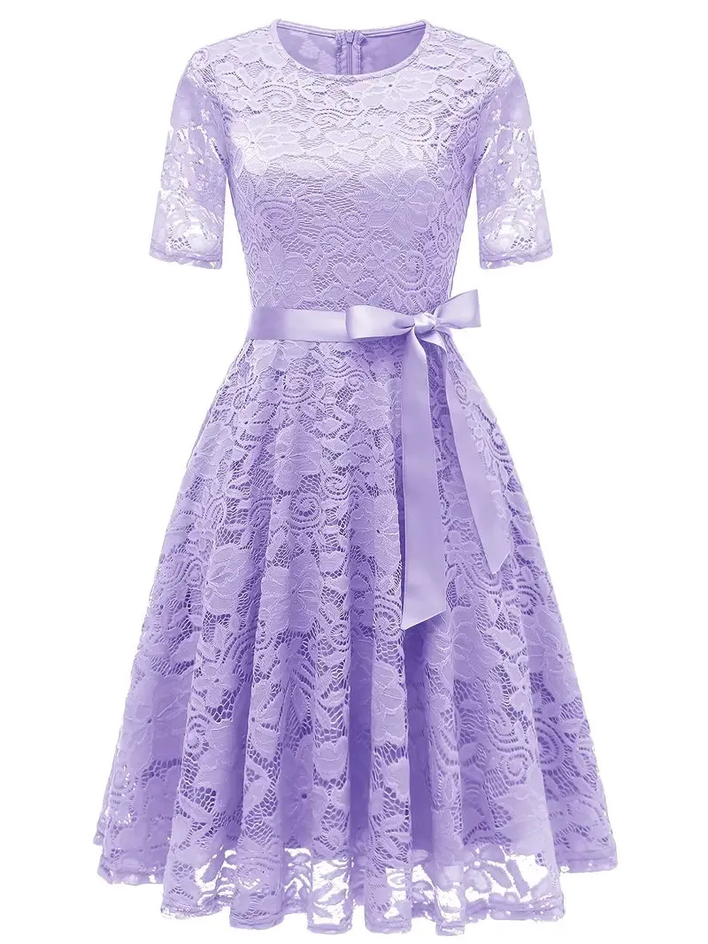 Lavender Lace Belt Crew Neck Short Sleeve Dress