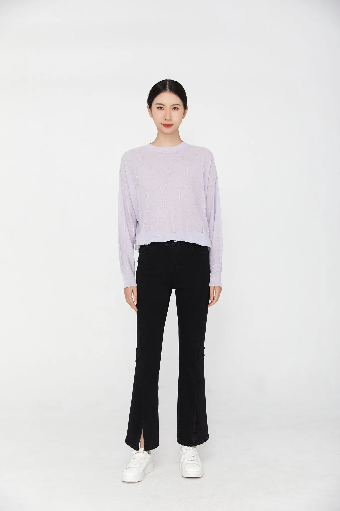 Lavender Long Sleeve Crew Neck Knitted Sweater