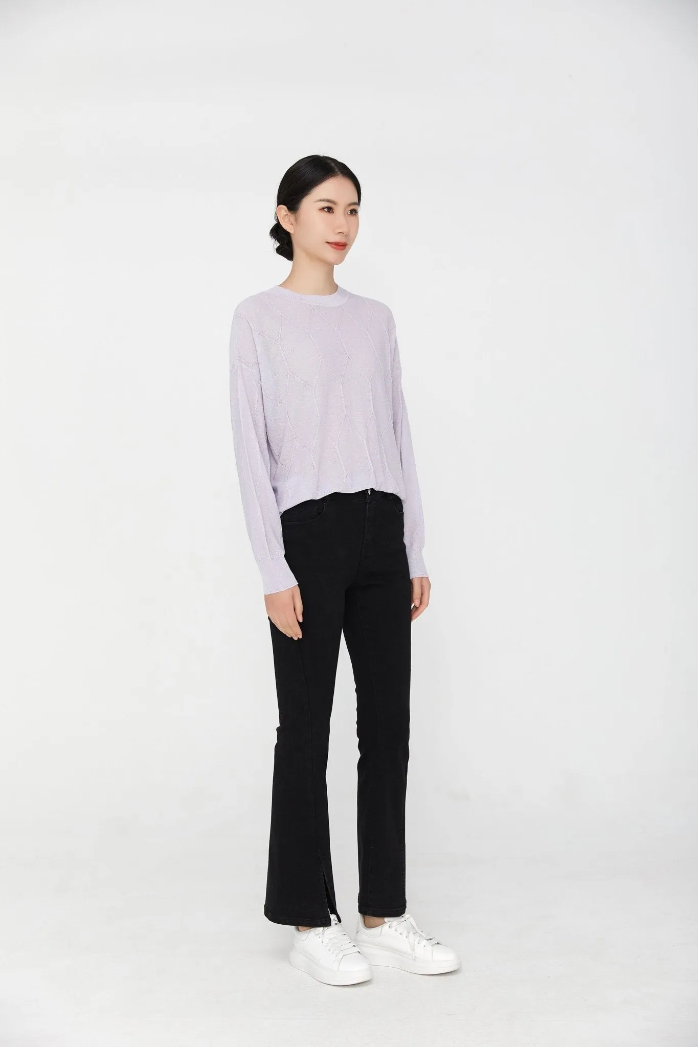 Lavender Long Sleeve Crew Neck Knitted Sweater