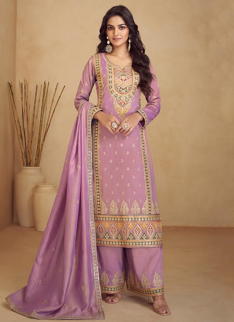 Lavender Multi Embroidered Wedding Palazzo Suit