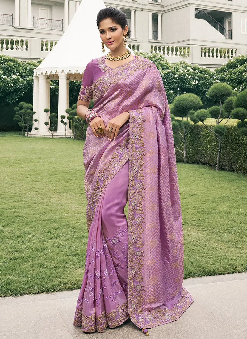 Lavender Multi Embroidery Tissue Silk Saree