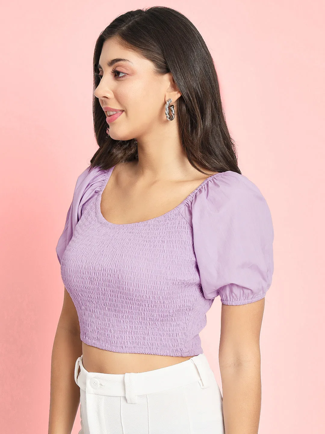 Lavender Round Neck Puff Sleeve Smocked Cotton Crop Top