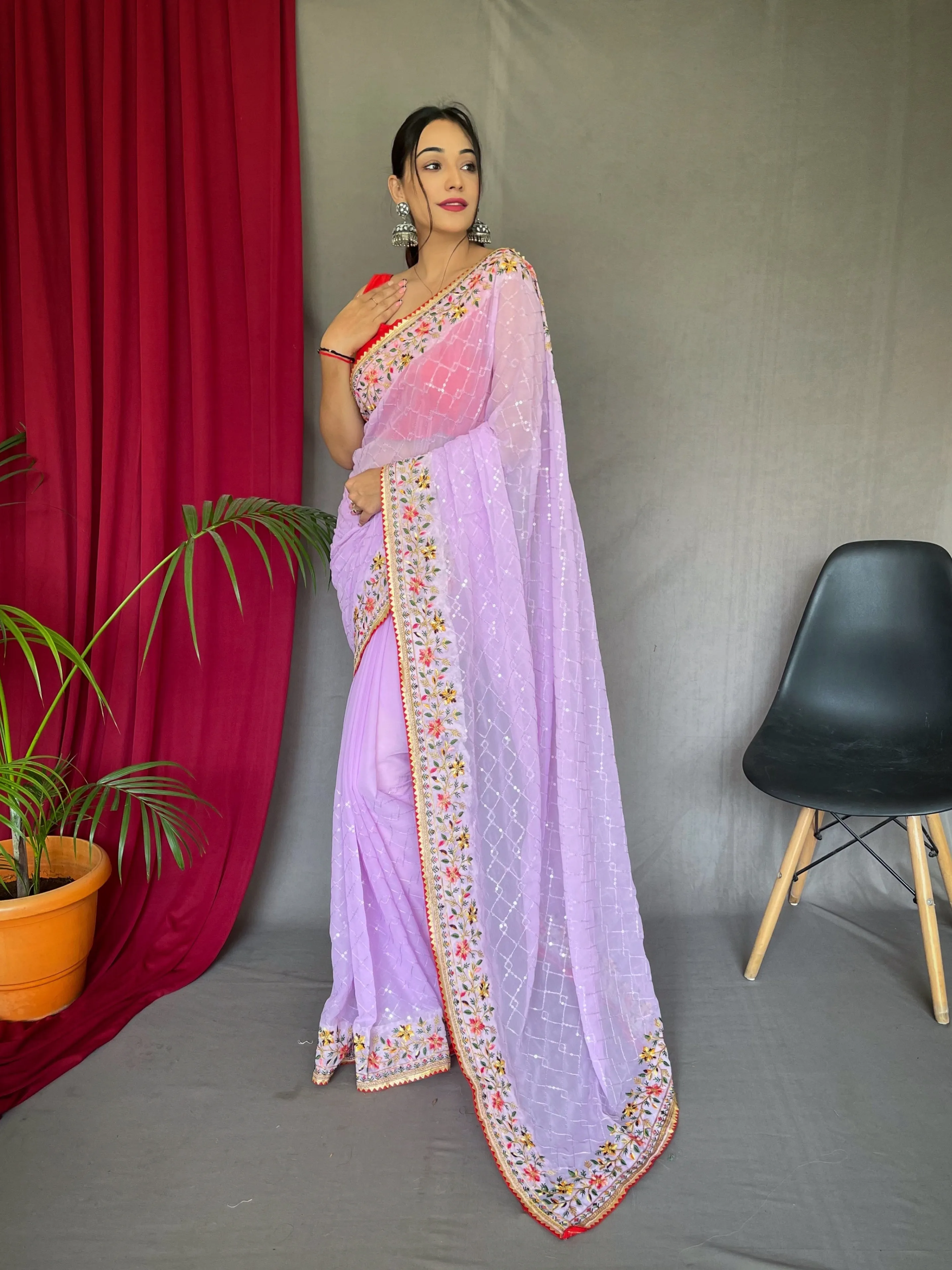 Lavender Saree in Georgette Sequins Designer Embroidered