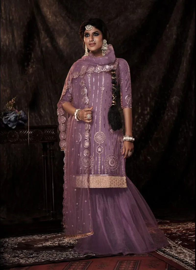 Lavender Sequence Embroidered Sharara Suit