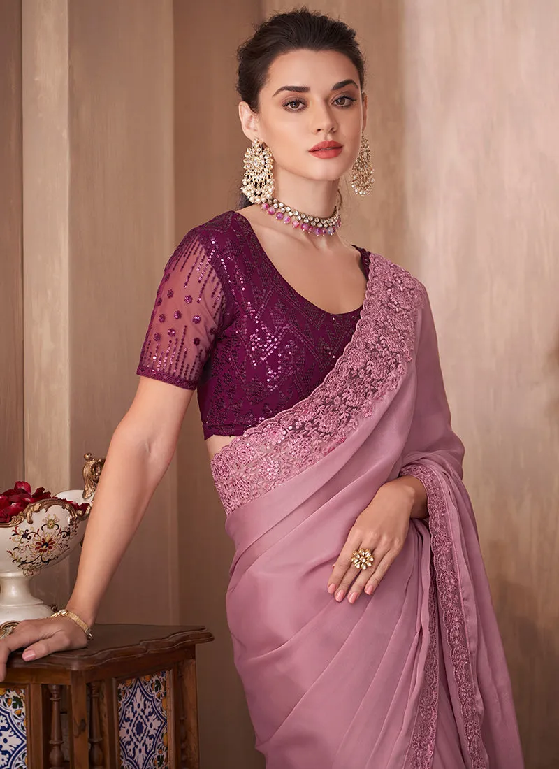 Lavender Sequence Embroidery Traditional Wedding Saree