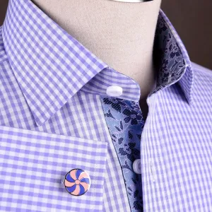 Lavender Soft Purple Gingham Checkered Formal Business Dress Shirt with Hawaiian Hibiscus