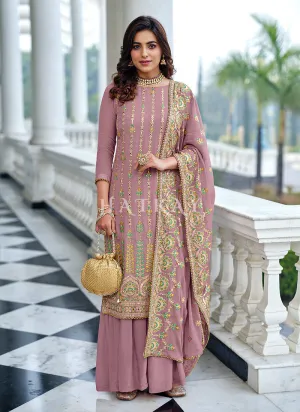 Lavender Traditional Multi Embroidered Palazzo Suit